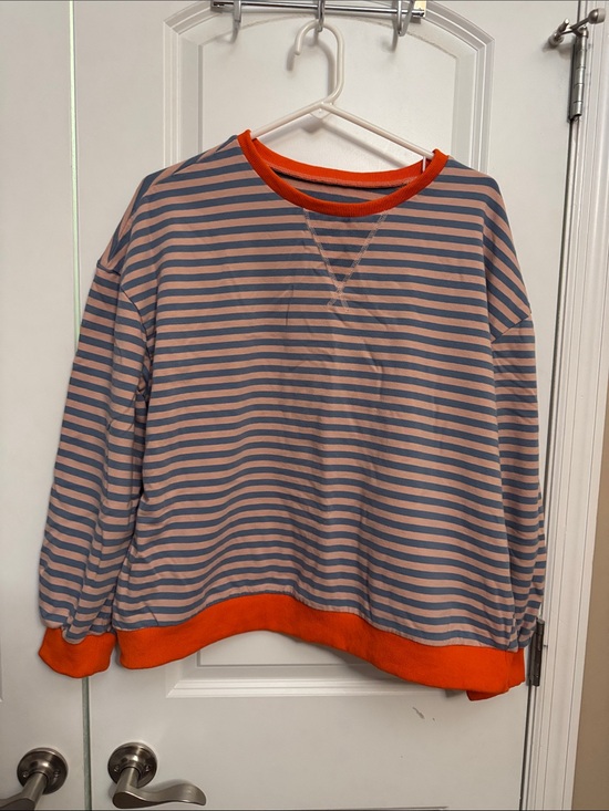 Tops - Striped Crewneck Sweatshirt with Orange Trim